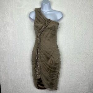 Thomas Wylde Ruched One Shoulder Mini‎ Dress Tan *Small Silk Blend